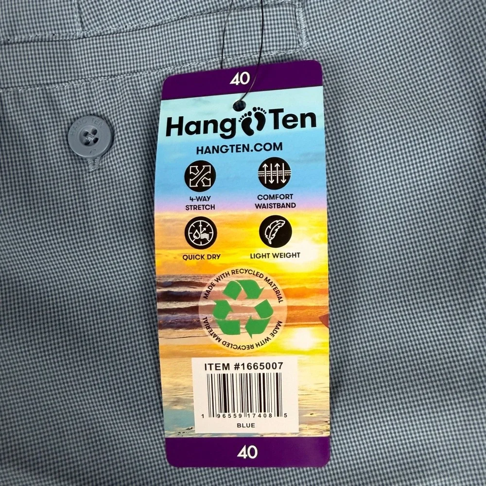 Hang Ten Men Hybrid Walk Shorts Blue Micro Check Stretch Golf Shorts Size 40 NWT
